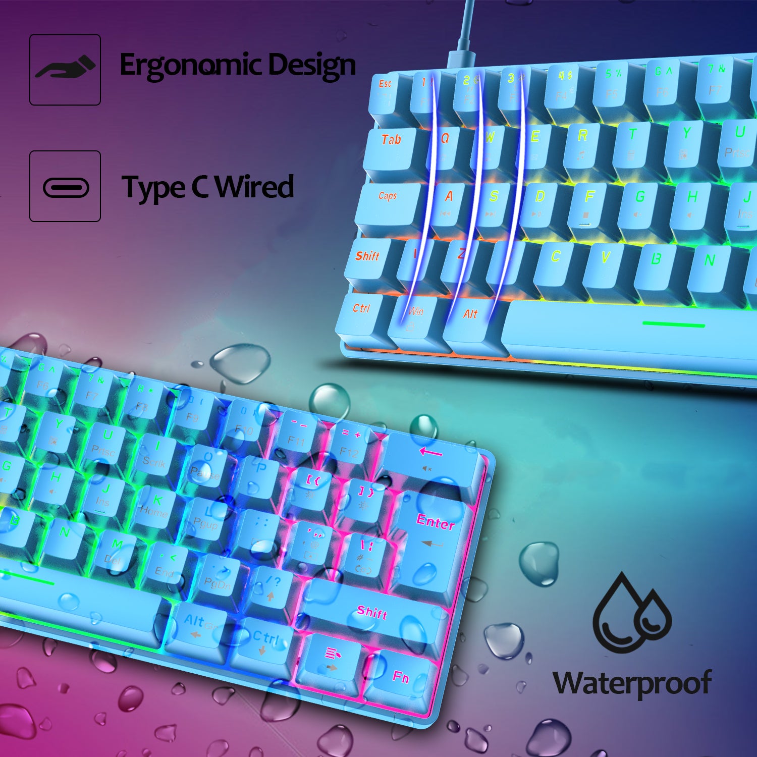 ZIYOU LANG T60 Mini 60% Percent Gaming Mechanical Keyboard UK Layout 19 Rainbow Light Up Compact Keyboard USB-C Cable for PC MAC