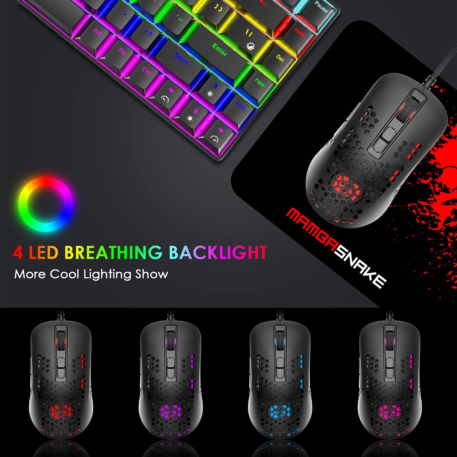 MAMBASNAKE 383 Lightweight Wired Mouse, USB Optical Computer Mice with RGB Backlit, 4 Adjustable DPI Up to 2400, Honeycomb Shell