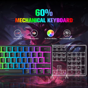 MAGIC-REFINER MK25 PRO UK Layout 60% Mechanical Keyboard, 14 RGB Backlit, Dye-Sublimation Keycap, for PC, White Grey (Red Switch)