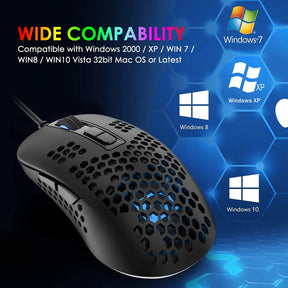 MAMBASNAKE 383 Lightweight Wired Mouse, USB Optical Computer Mice with RGB Backlit, 4 Adjustable DPI Up to 2400, Honeycomb Shell