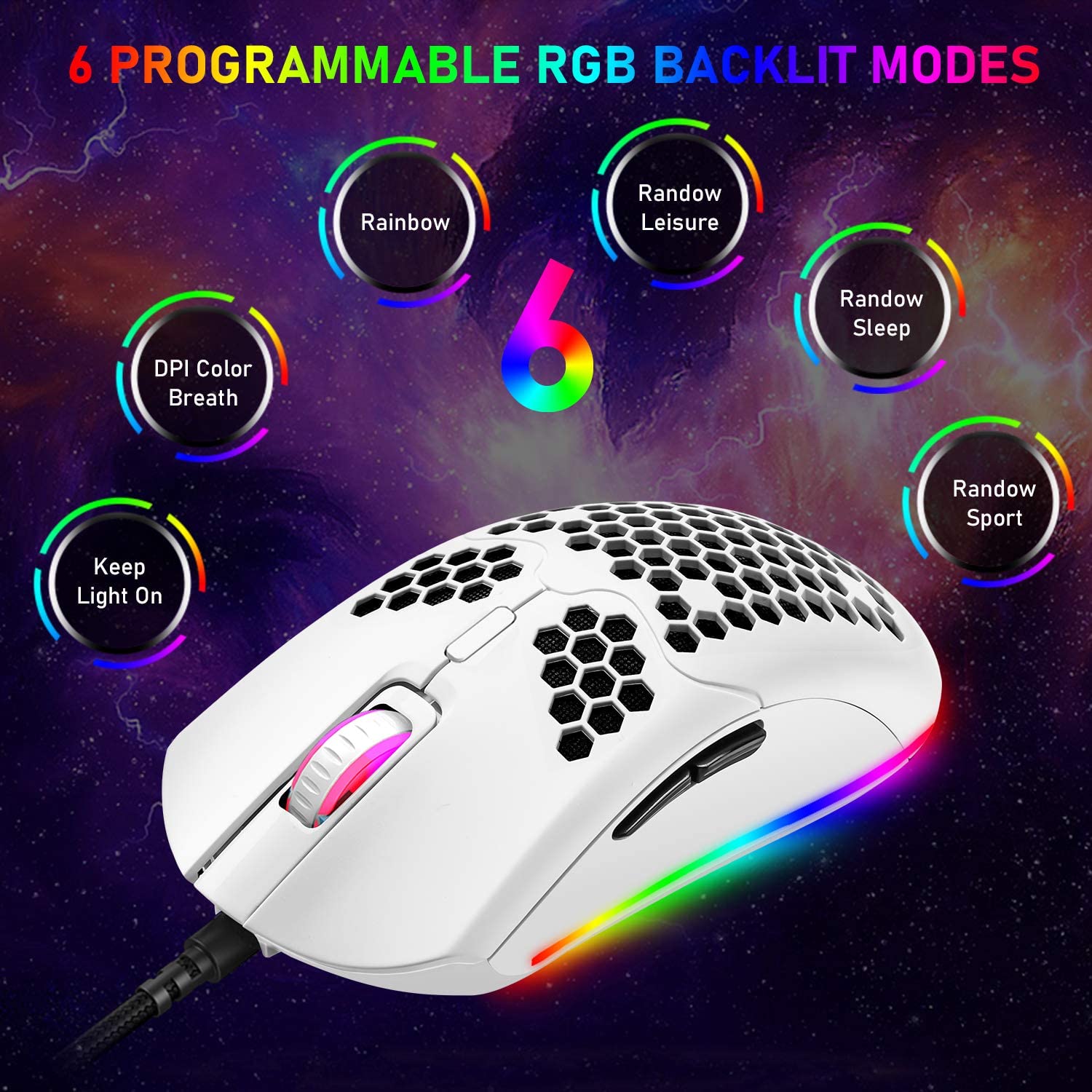 ZIYOU LANG M1 Wired Lightweight Gaming Mouse,6 RGB Backlit with 7 Buttons Programmable, Adjustable 6400DPI ,Ultralight Honeycomb Shell