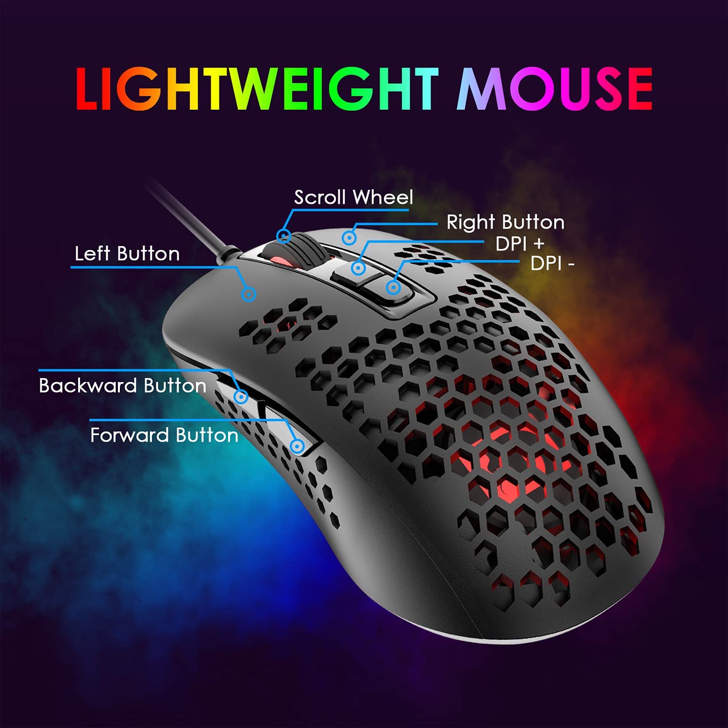 MAMBASNAKE 383 Lightweight Wired Mouse, USB Optical Computer Mice with RGB Backlit, 4 Adjustable DPI Up to 2400, Honeycomb Shell