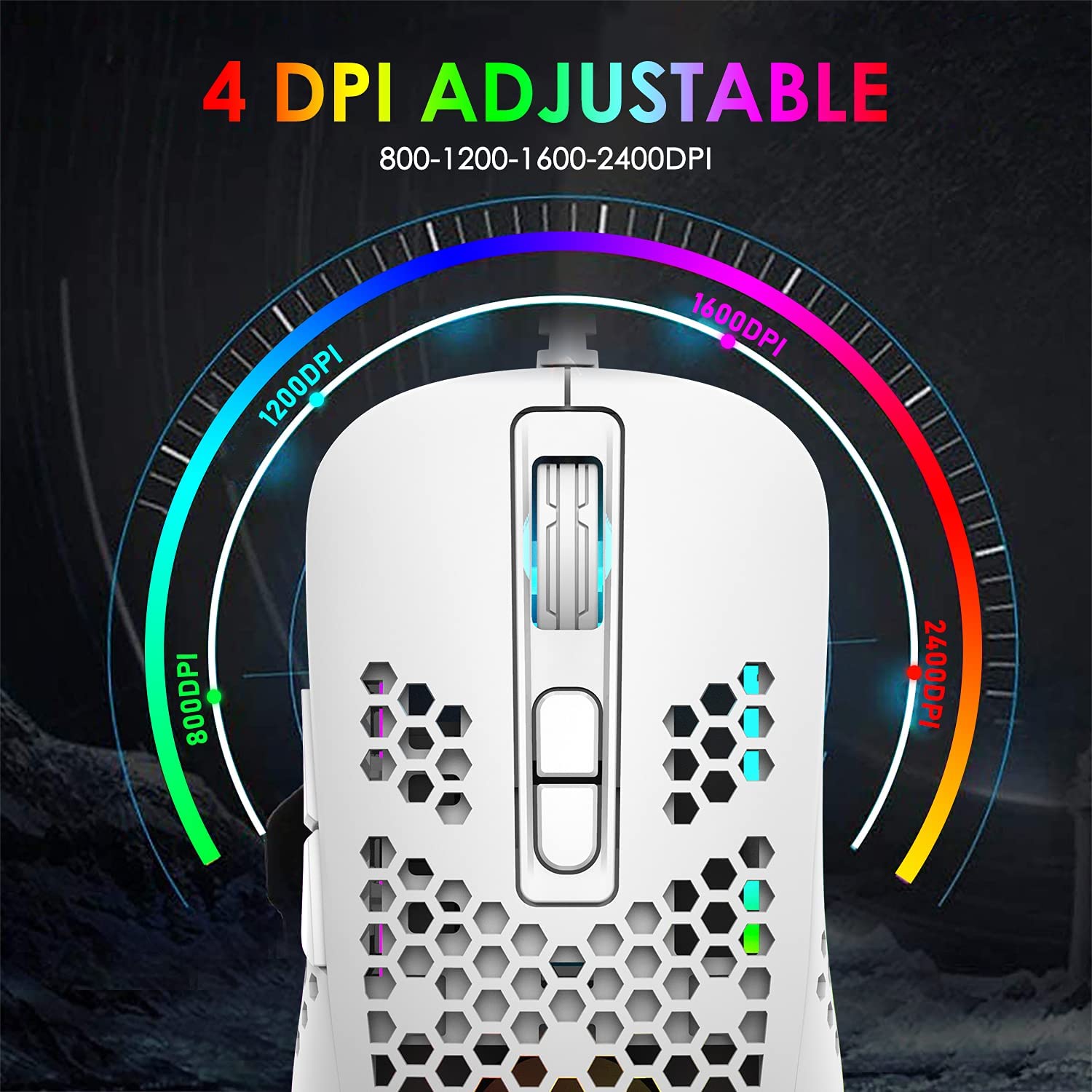 MAMBASNAKE 383 Lightweight Wired Mouse, USB Optical Computer Mice with RGB Backlit, 4 Adjustable DPI Up to 2400, Honeycomb Shell