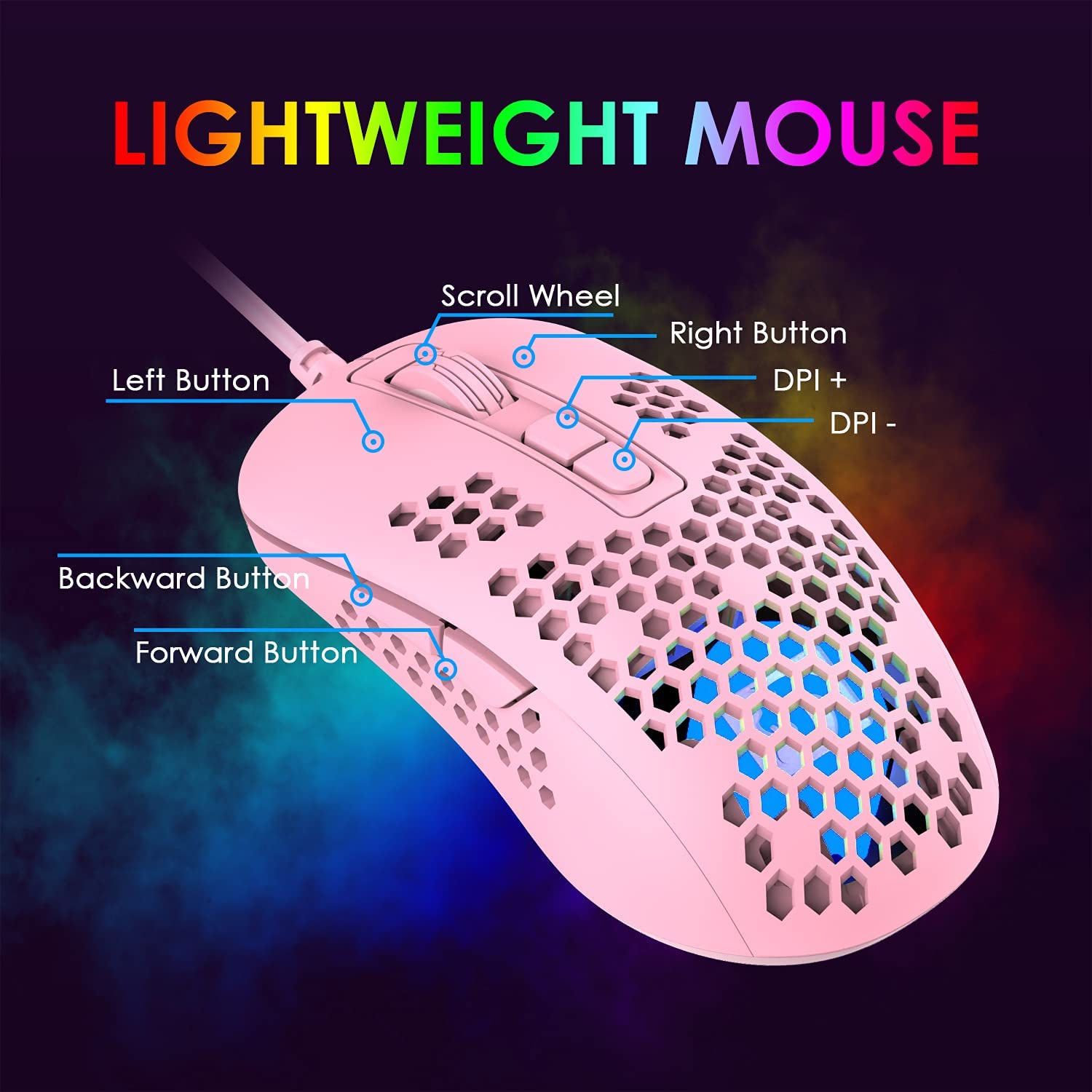 MAMBASNAKE 383 Lightweight Wired Mouse, USB Optical Computer Mice with RGB Backlit, 4 Adjustable DPI Up to 2400, Honeycomb Shell