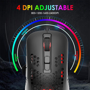 MAMBASNAKE 383 Lightweight Wired Mouse, USB Optical Computer Mice with RGB Backlit, 4 Adjustable DPI Up to 2400, Honeycomb Shell