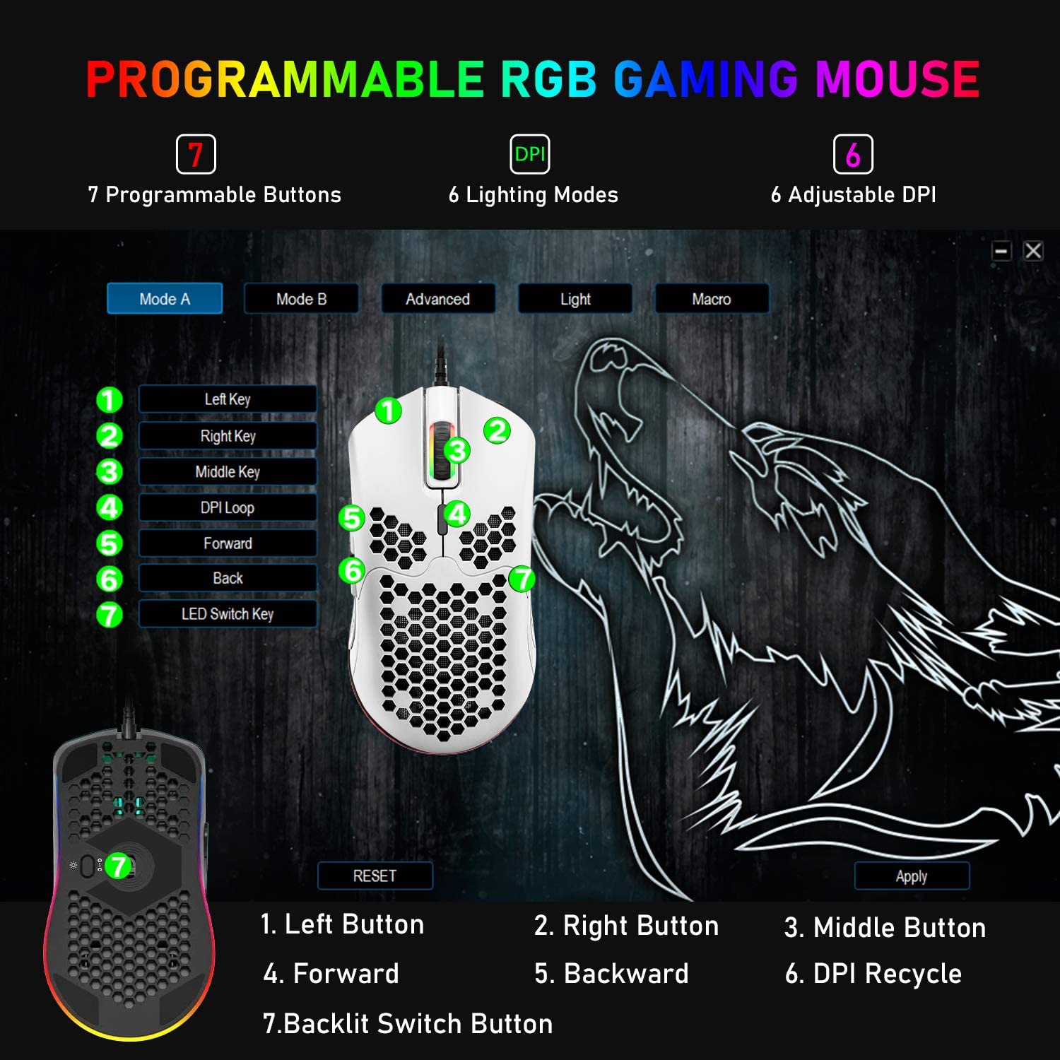 ZIYOU LANG M1 Wired Lightweight Gaming Mouse,6 RGB Backlit with 7 Buttons Programmable, Adjustable 6400DPI ,Ultralight Honeycomb Shell