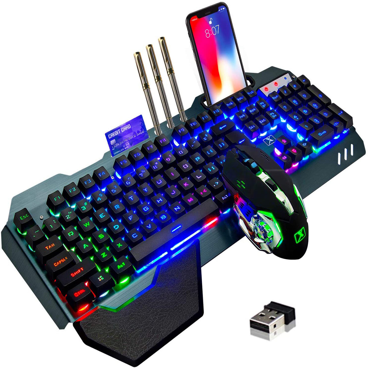 Clavier et souris de jeu sans fil, clavier rechargeable rétroéclairé arc-en-ciel avec batterie 3800 mAh, panneau en métal, repose-main amovible, clavier tactile et souris muette de jeu 7 couleurs pour les joueurs PC