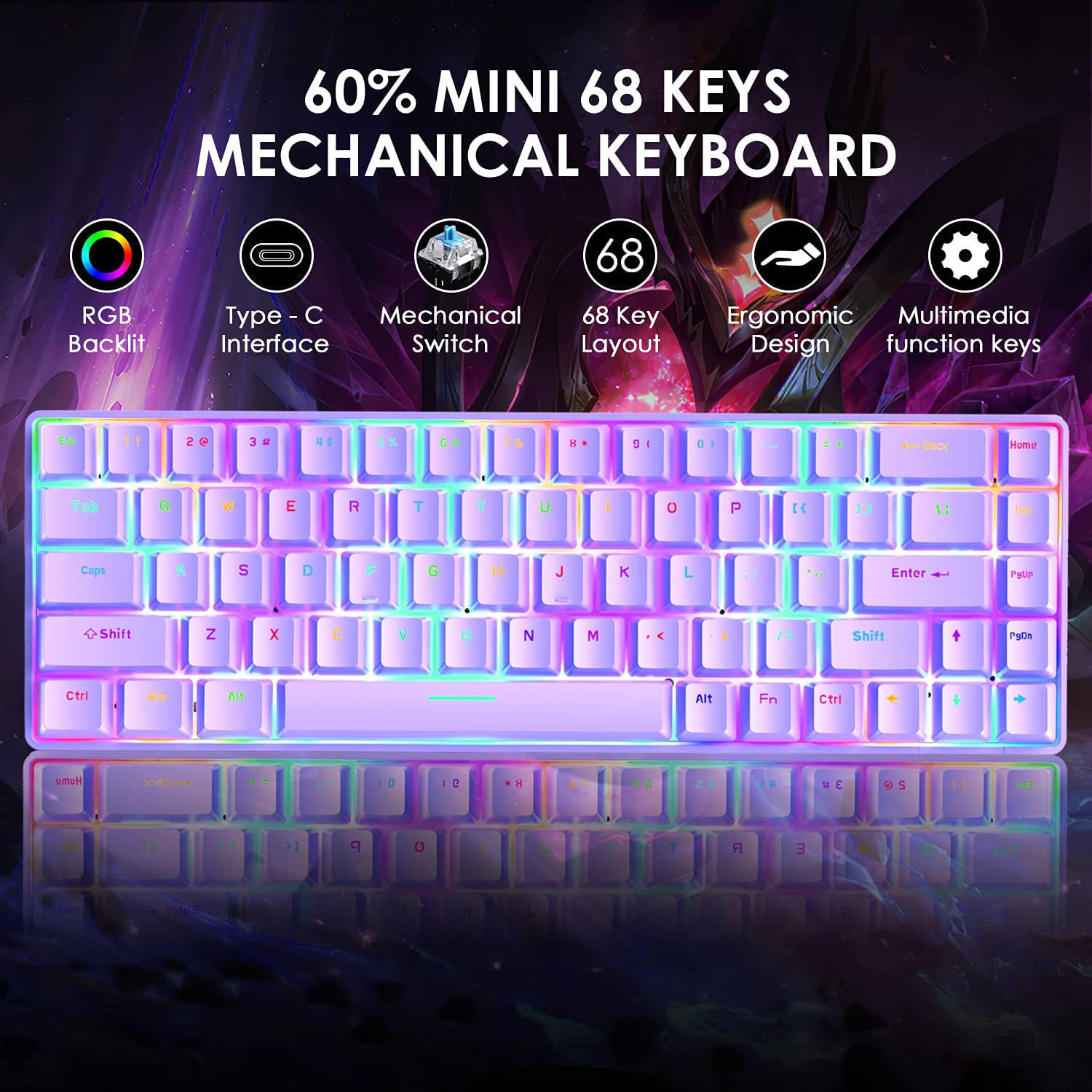 ZIYOU LANG T8 60% Mechanical Mini Gaming Keyboard Compact Type C Wired 68 Keys LED Backlit USB Waterproof Keyboard 18 Chroma RGB