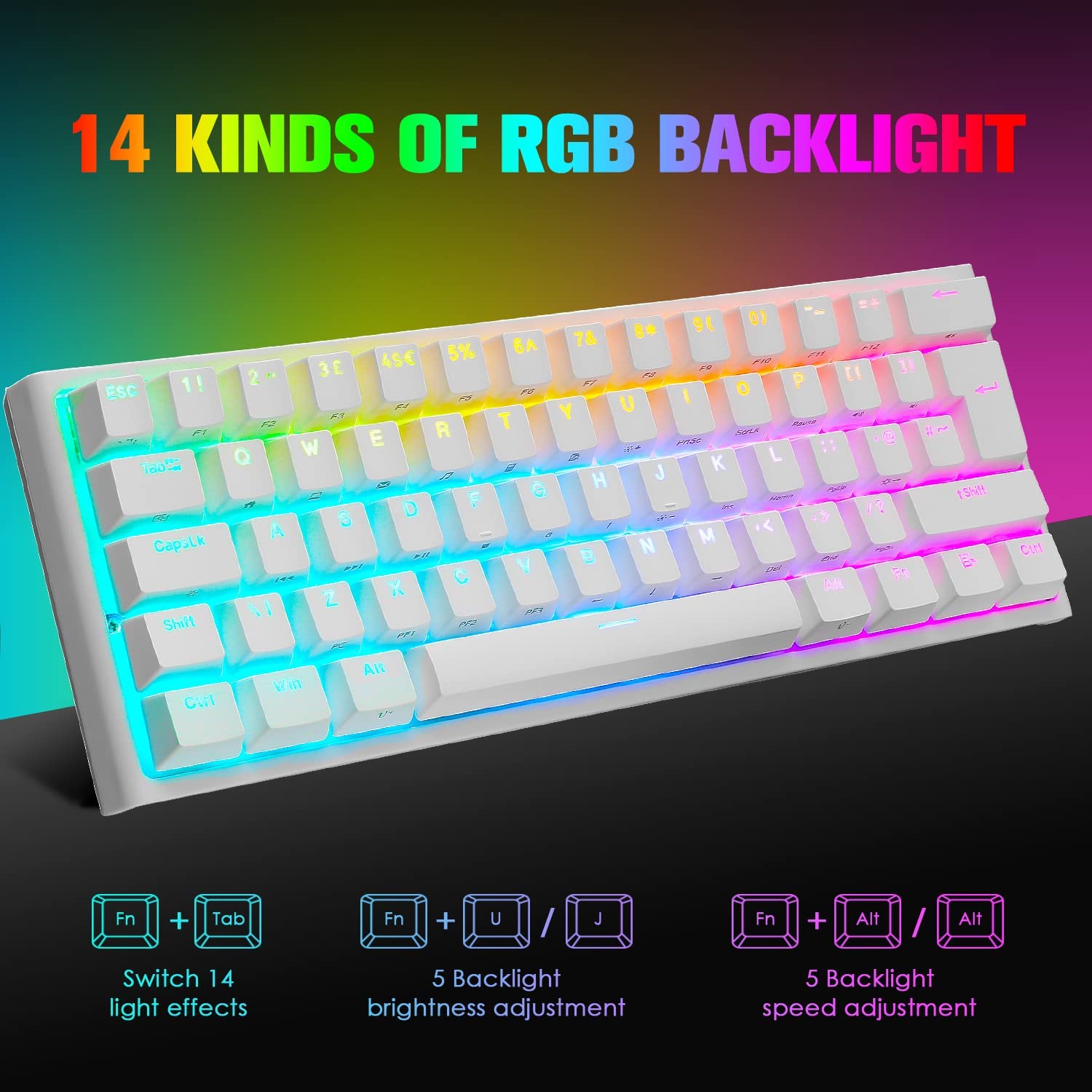 MAGIC-REFINER MK25 PRO UK Layout 60% Mechanical Keyboard, 14 RGB Backlit, Dye-Sublimation Keycap, for PC, White Grey (Red Switch)