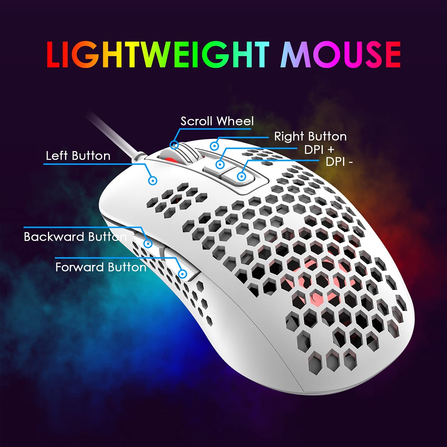 MAMBASNAKE 383 Lightweight Wired Mouse, USB Optical Computer Mice with RGB Backlit, 4 Adjustable DPI Up to 2400, Honeycomb Shell