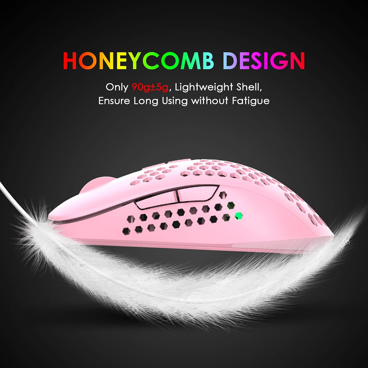 Mouse da gioco leggero cablato, mouse per computer ottici USB con retroilluminazione RGB, 4 DPI regolabili fino a 2400, mouse ergonomico per PC portatile Gamer con guscio a nido d'ape per Windows 7/8/10/XP Vista Linux -Rosa