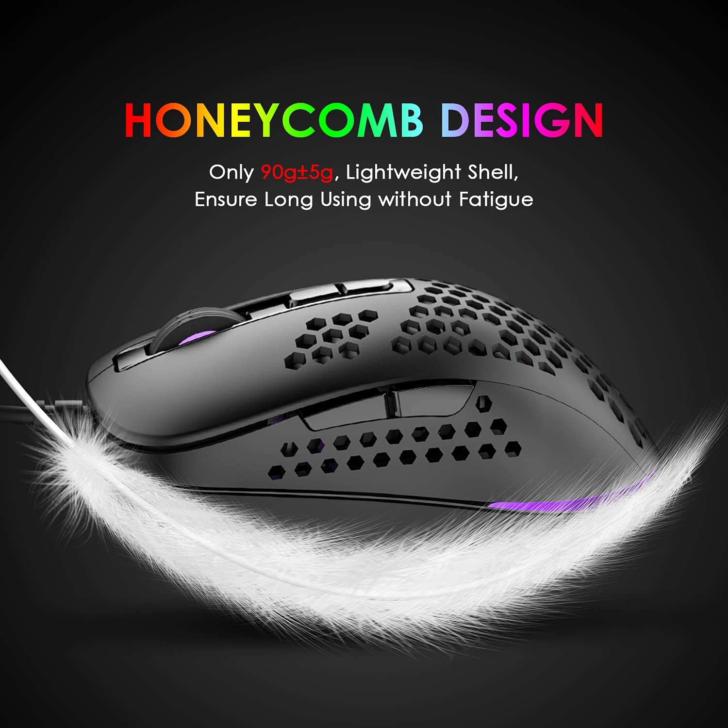 MAMBASNAKE 383 Lightweight Wired Mouse, USB Optical Computer Mice with RGB Backlit, 4 Adjustable DPI Up to 2400, Honeycomb Shell