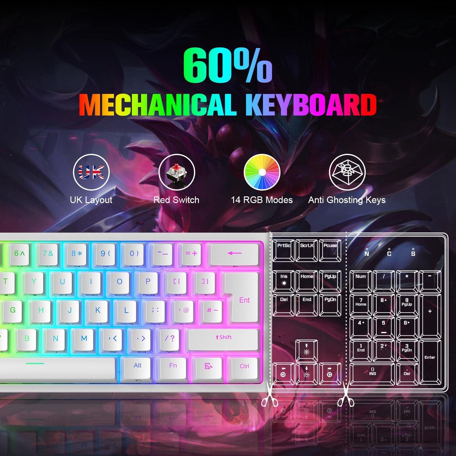 MAGIC-REFINER MK25 PRO UK Layout 60% Mechanical Keyboard, 14 RGB Backlit, Dye-Sublimation Keycap, for PC, White Grey (Red Switch)