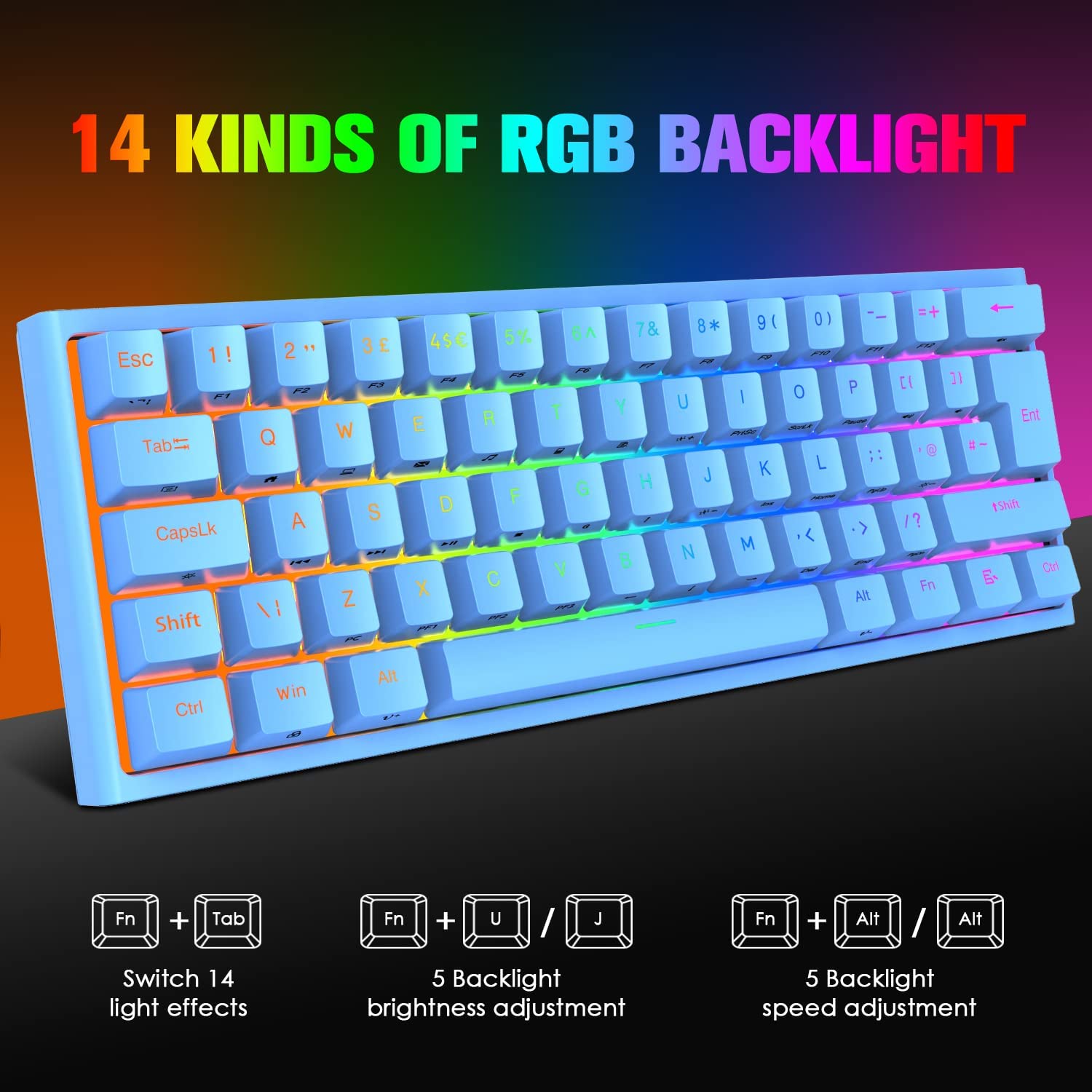 MAGIC-REFINER MK25 PRO UK Layout 60% Mechanical Keyboard, 14 RGB Backlit, Dye-Sublimation Keycap, for PC, White Grey (Red Switch)