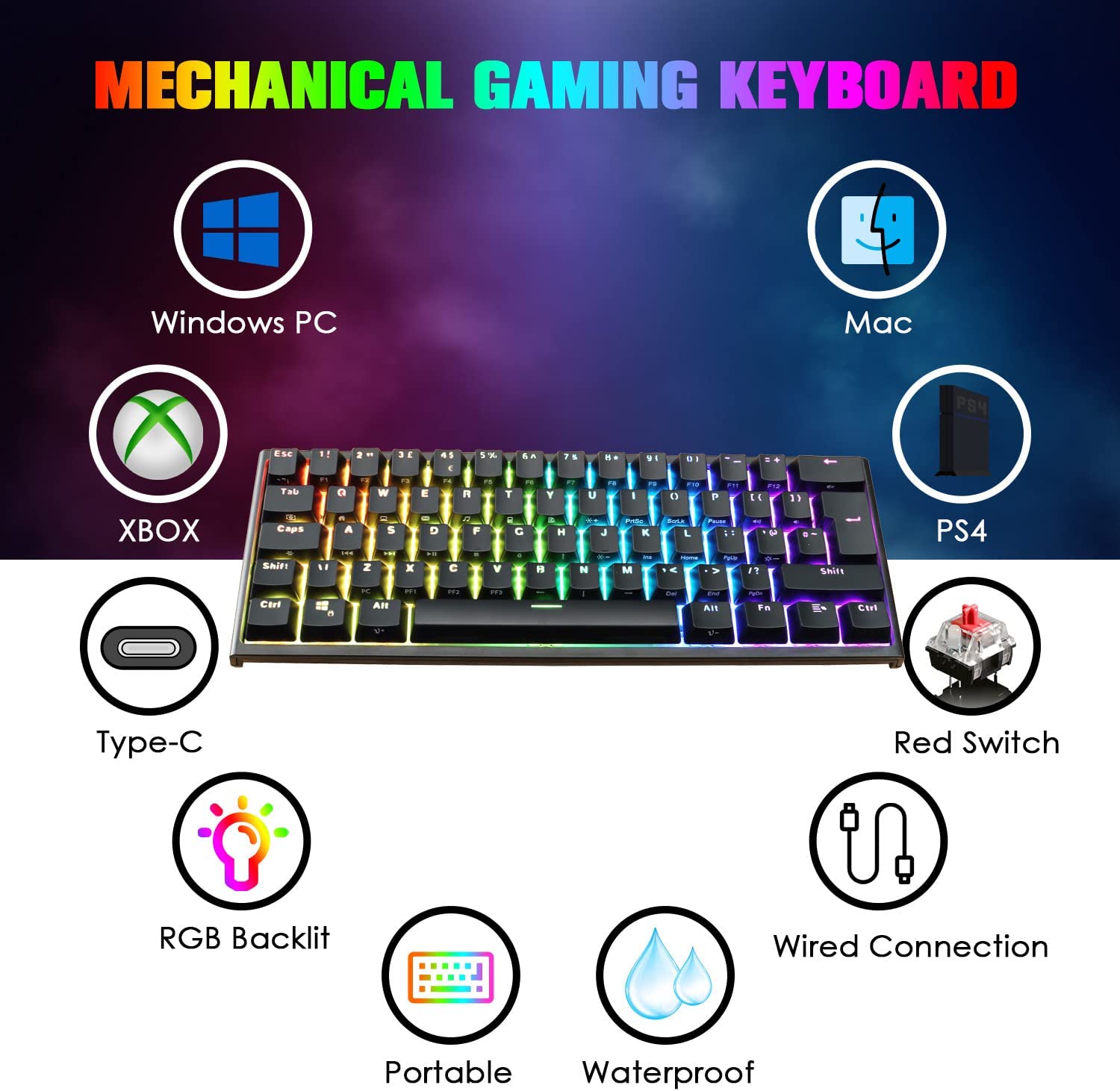 MAGIC-REFINER MK25 PRO UK Layout 60% Mechanical Keyboard, 14 RGB Backlit, Dye-Sublimation Keycap, for PC, White Grey (Red Switch)