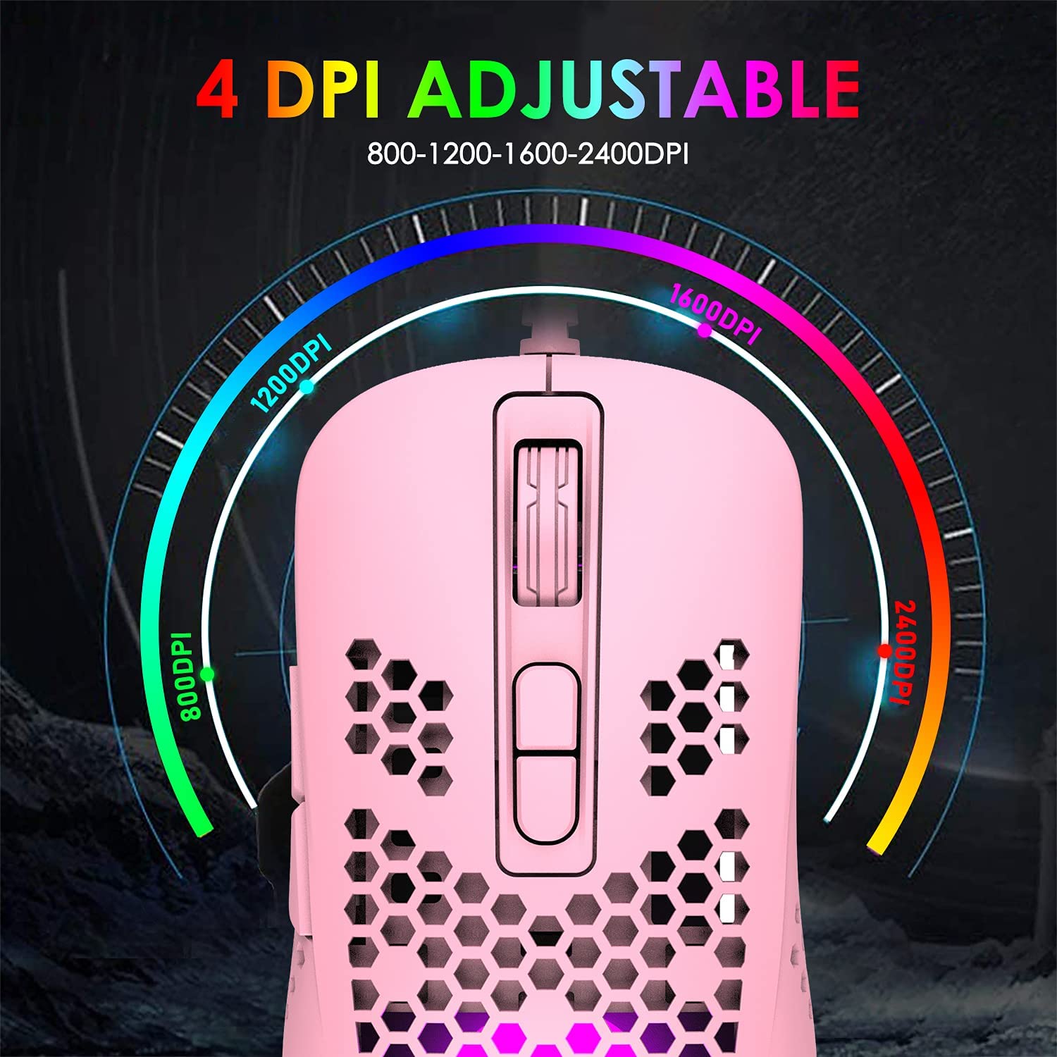 MAMBASNAKE 383 Lightweight Wired Mouse, USB Optical Computer Mice with RGB Backlit, 4 Adjustable DPI Up to 2400, Honeycomb Shell