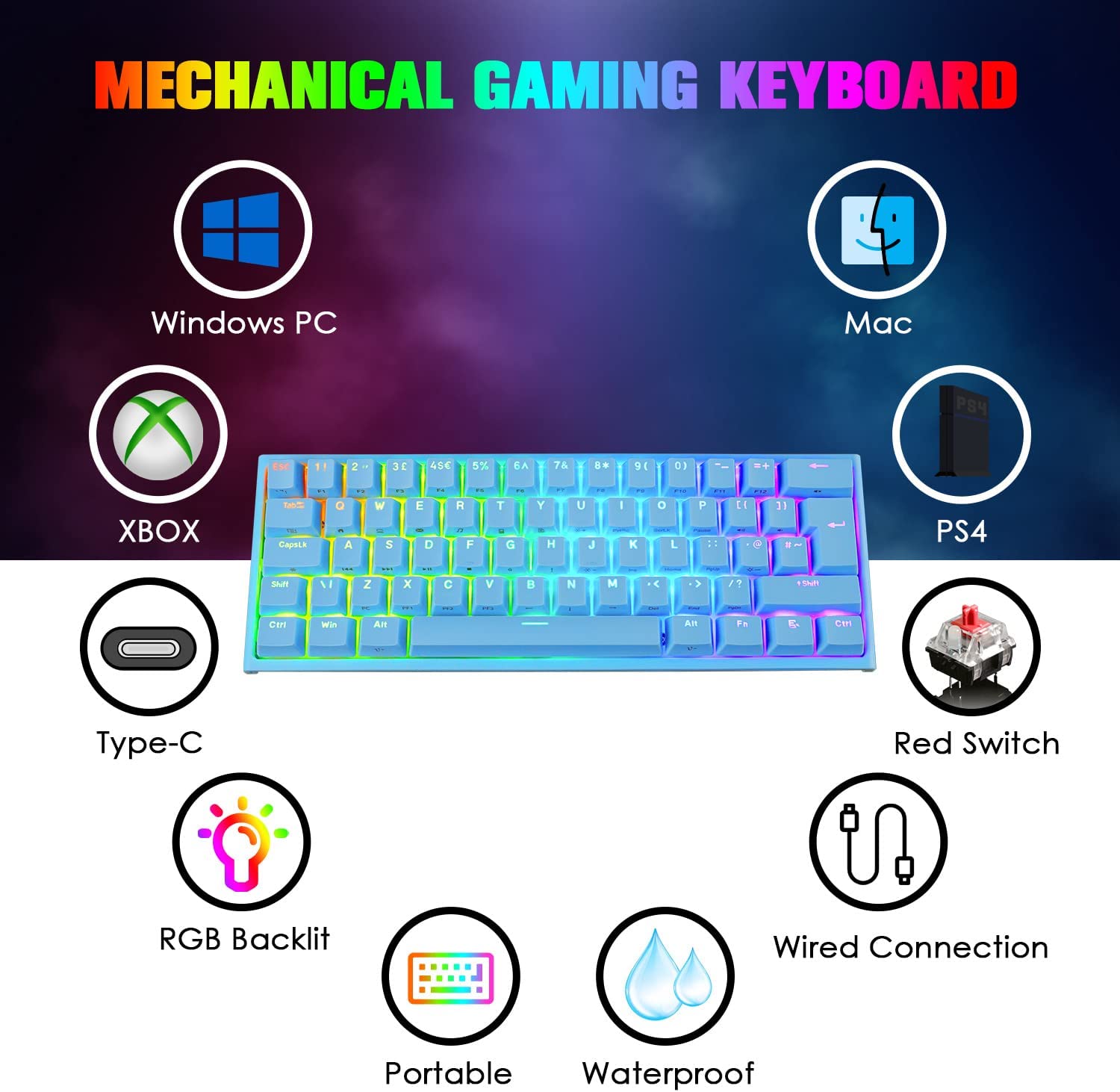 MAGIC-REFINER MK25 PRO UK Layout 60% Mechanical Keyboard, 14 RGB Backlit, Dye-Sublimation Keycap, for PC, White Grey (Red Switch)