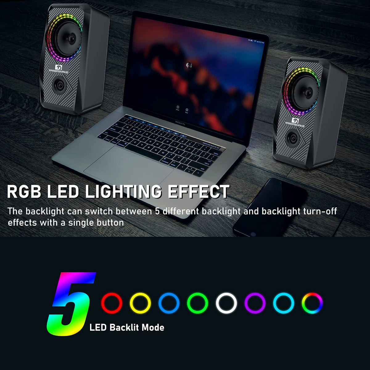 Haut-parleurs d'ordinateur RVB filaires, haut-parleur stéréo PC 2.0 canaux avec 6 modes LED colorés, son amélioré et contrôle du volume facile d'accès, haut-parleurs de bureau alimentés par USB câble 3,5 mm pour PC et ordinateurs portables (noir)