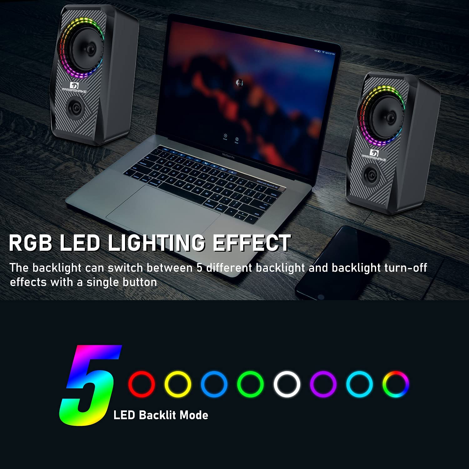 MAMBASNKAE CS-326Wired RGB Computer Speakers,2.0 Channel PC Stereo Speaker with 6 Colorful LED Modes