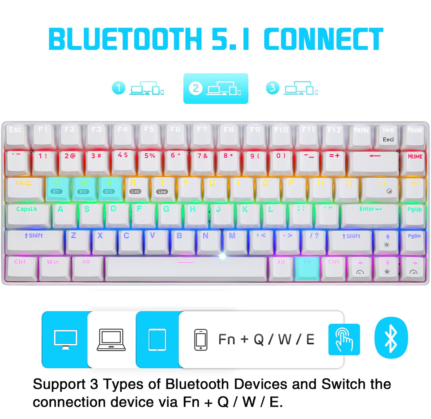 XINMENG XM84 84 Keys 3 Modes Mechanical Keyboard, Bluetooth 5.0/Wireless 2.4G/Wired, Rechargeable 3000mAh Battery, 20 LED Backlit Mode