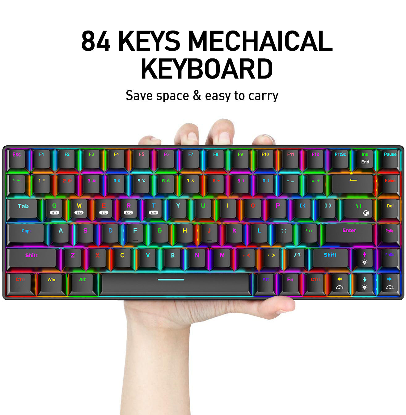 XINMENG XM84 84 Keys 3 Modes Mechanical Keyboard, Bluetooth 5.0/Wireless 2.4G/Wired, Rechargeable 3000mAh Battery, 20 LED Backlit Mode