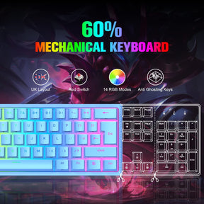 MAGIC-REFINER MK25 PRO UK Layout 60% Mechanical Keyboard, 14 RGB Backlit, Dye-Sublimation Keycap, for PC, White Grey (Red Switch)