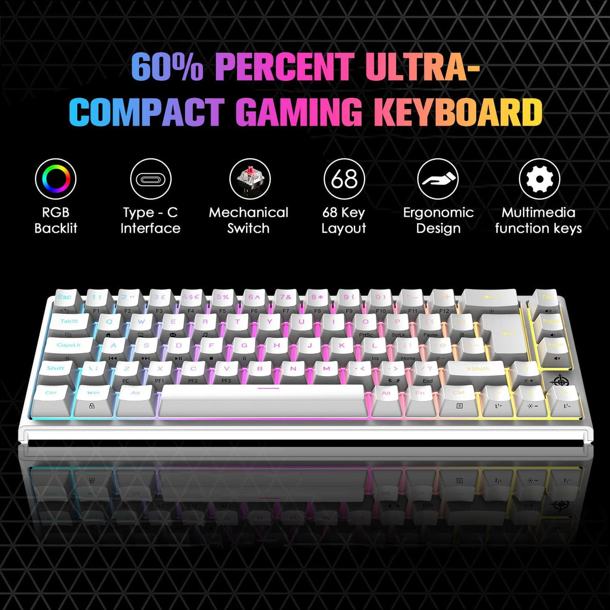 MAGIC-REFINER MK26 60% Gaming Keyboard,RGB Chroma Backlit Wried Ultra-Compact Mini Mechanical Keyboard 68 Key for PC, MAC, PS4