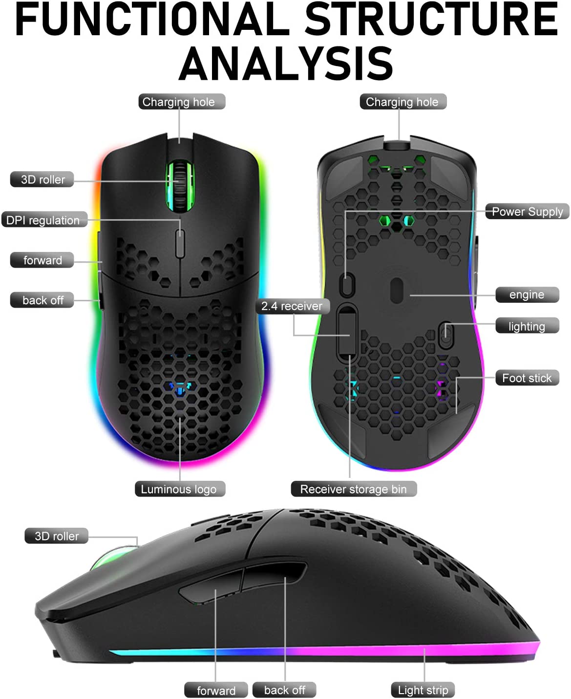 ZIYOU LANG XYH80 Wireless 2.4G Lightweight Mouse, 7 Button ,11 Chroma RGB Backlit,  Rechargeable, Honeycomb Shell Ultralight , 3200 DPI