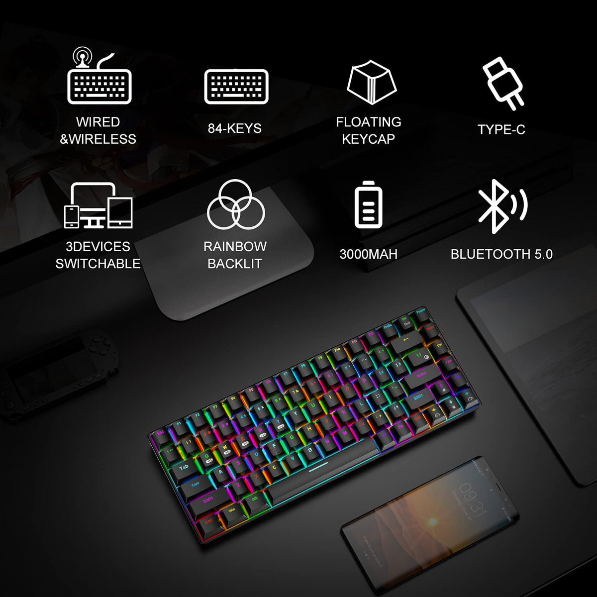 Teclado para juegos Mecánico RGB LED retroiluminado Bluetooth 5.0/Inalámbrico 2.4G/Con cable 84 teclas Mini teclado con batería recargable de 3000 mAh Interruptores rojos Tipo-C Receptor USB para Windows Gaming PC,Black