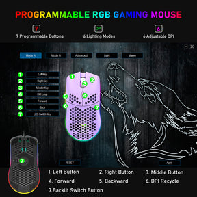 ZIYOU LANG M1 Wired Lightweight Gaming Mouse,6 RGB Backlit with 7 Buttons Programmable, Adjustable 6400DPI ,Ultralight Honeycomb Shell