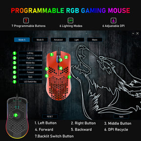 ZIYOU LANG M1 Wired Lightweight Gaming Mouse,6 RGB Backlit with 7 Buttons Programmable, Adjustable 6400DPI ,Ultralight Honeycomb Shell