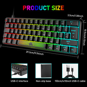 ZIYOU LANG T60RGB Mechanical Gaming Keyboard, 60% Compact 62 Key USB C Wired RGB Backlit LED Backlight Ergonomic Gaming Keyboard