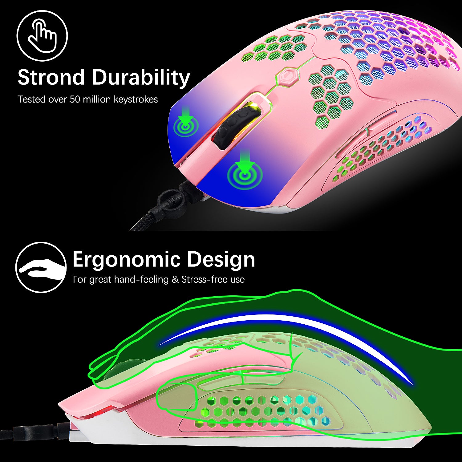 MAMBASNAKE M5 Wired Lightweight Gaming Mouse,26 RGB Backlit Mice with 7 Buttons Programmable Driver,PAW3325 12000DPI Mice, Honeycomb Shell