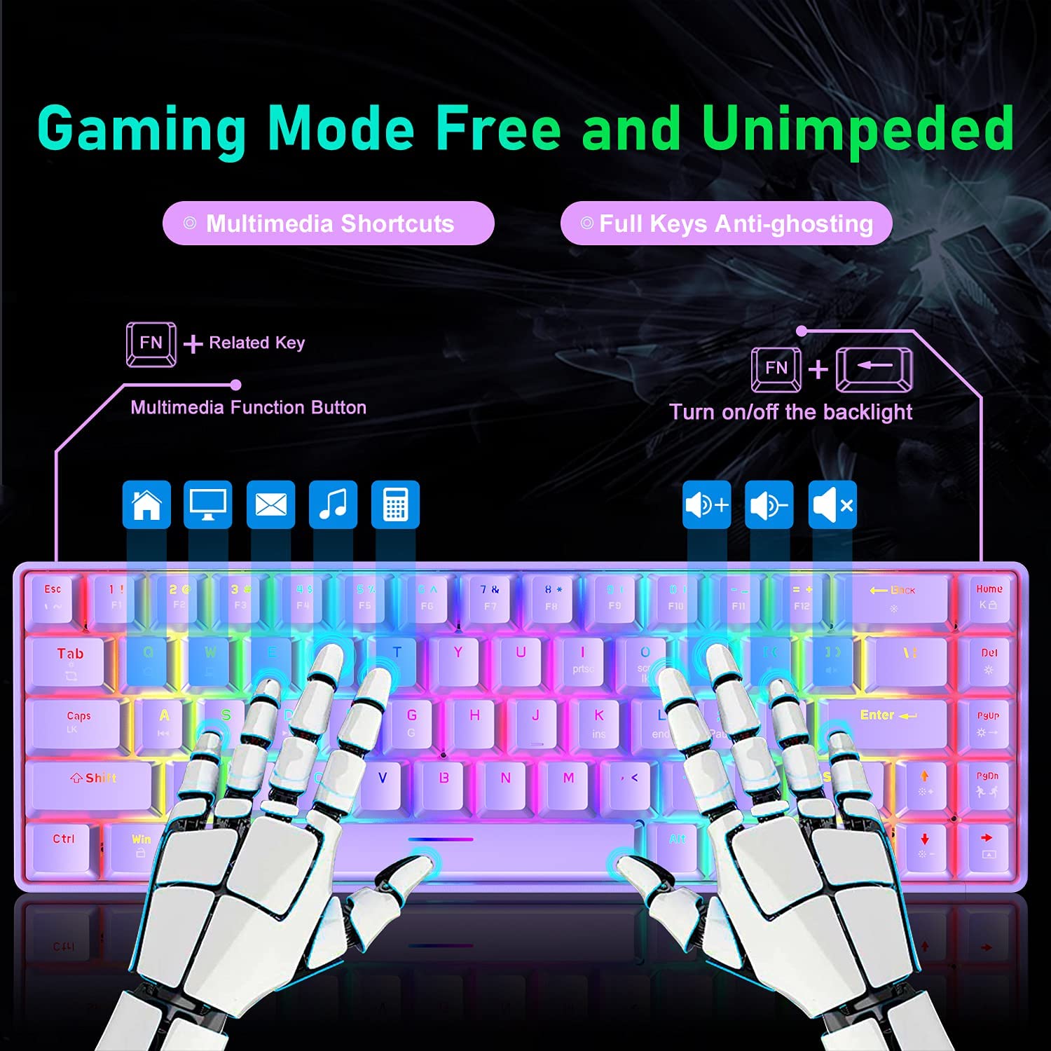 MAGIC-REFINER MK14 60% Mechanical Gaming Keyboard Type C Wired 68 Keys LED illuminated 18 Chroma RGB Lighting Clicky Switches Anti-ghosting