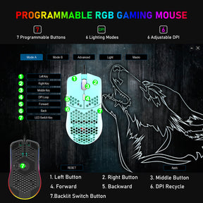 ZIYOU LANG M1 Wired Lightweight Gaming Mouse,6 RGB Backlit with 7 Buttons Programmable, Adjustable 6400DPI ,Ultralight Honeycomb Shell