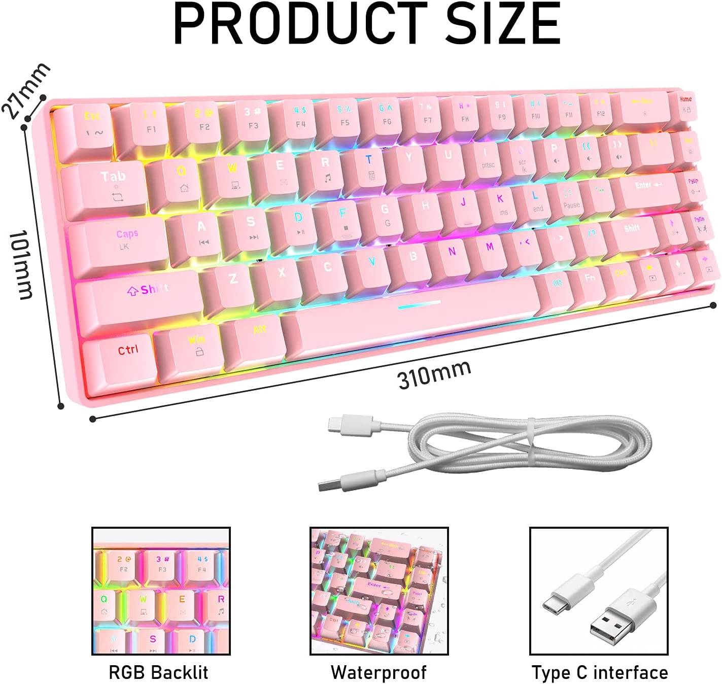 ZIYOU LANG T8 60% Mechanical Mini Gaming Keyboard Compact Type C Wired 68 Keys LED Backlit USB Waterproof Keyboard 18 Chroma RGB