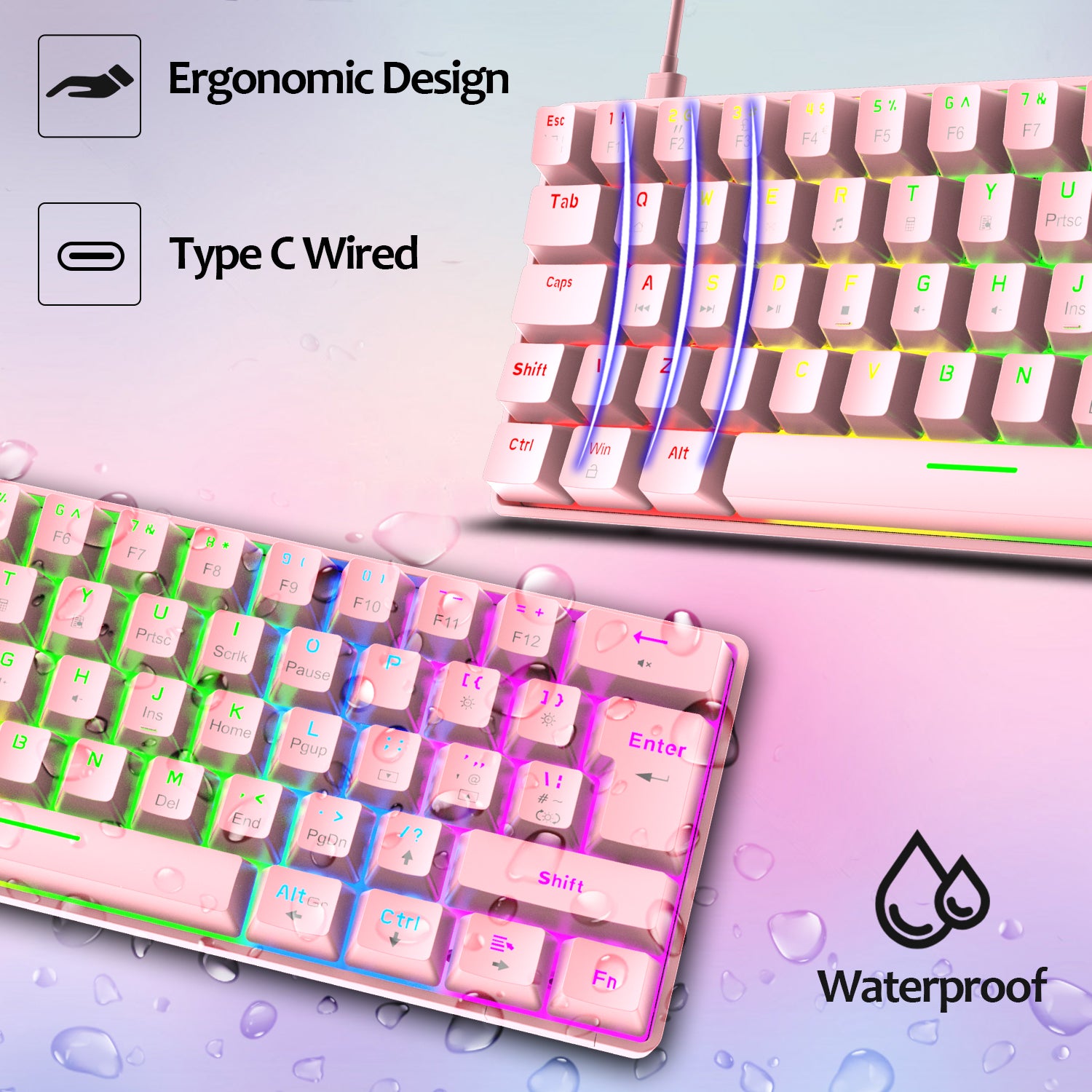 ZIYOU LANG T60 Mini 60% Percent Gaming Mechanical Keyboard UK Layout 19 Rainbow Light Up Compact Keyboard USB-C Cable for PC MAC