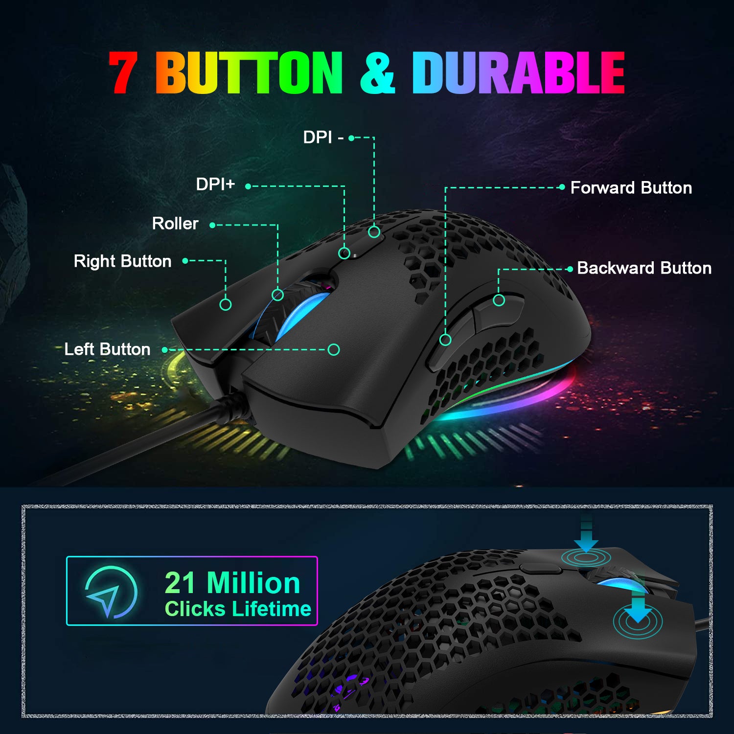 ZIYOU LANG K61 - 60% Compact Gaming Keyboard and Mouse Set UK Layout Ultralight 12000 DPI Breathable LED Honeycomb Shell Mouse