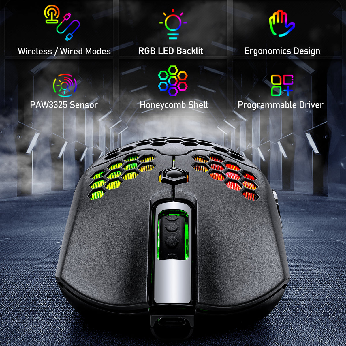 Mouse da gioco wireless, 16 mouse wireless/cablati ultraleggeri retroilluminati RGB con driver programmabile, batteria ricaricabile da 800 mA, Pixart 3325 12000 DPI, guscio a nido d'ape leggero per PC Gamer