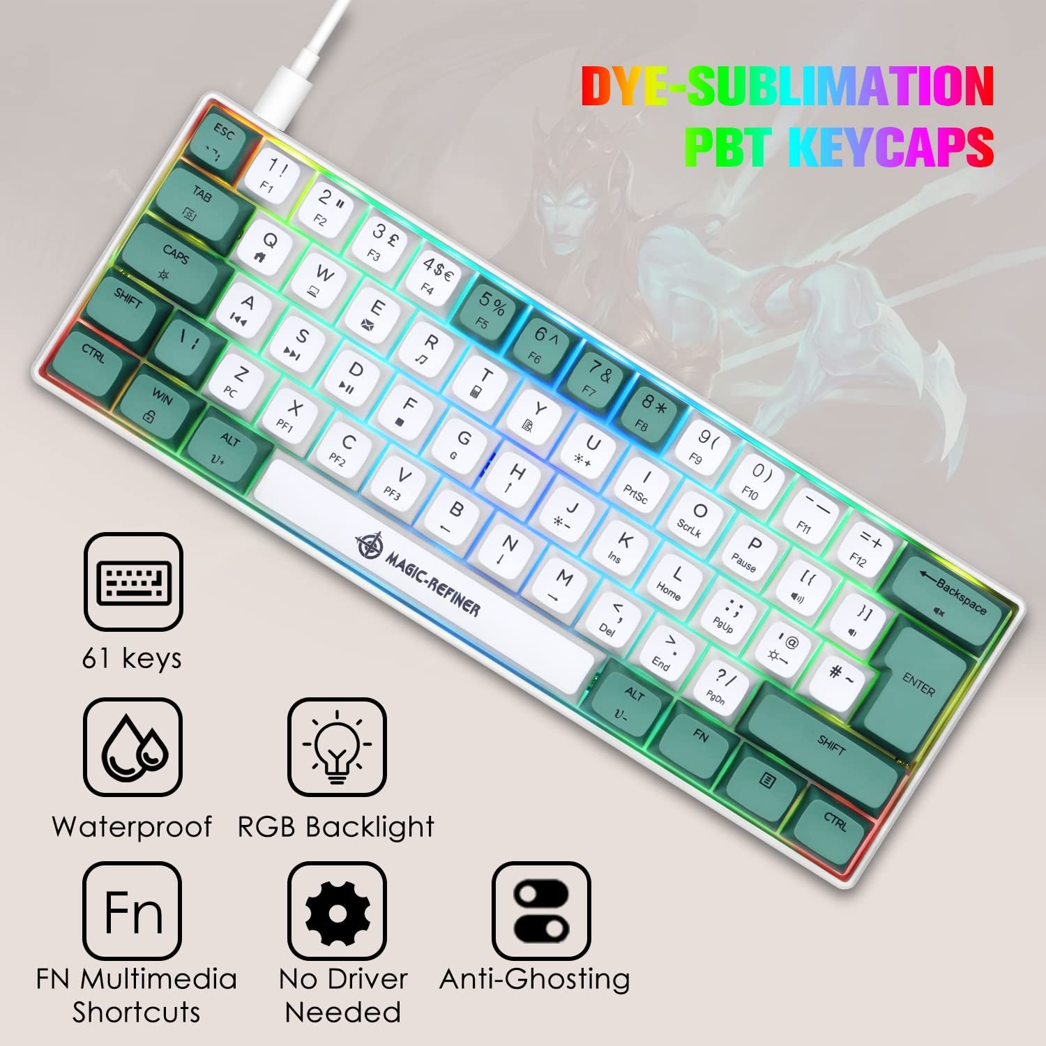 MAGIC-REFINER MK21 UK Layout 60% Mechanical Gaming Keyboard Mini Compact Wired Type C Dye-Sublimation PBT USB Water-resistant 14 Chroma RGB Illuminated