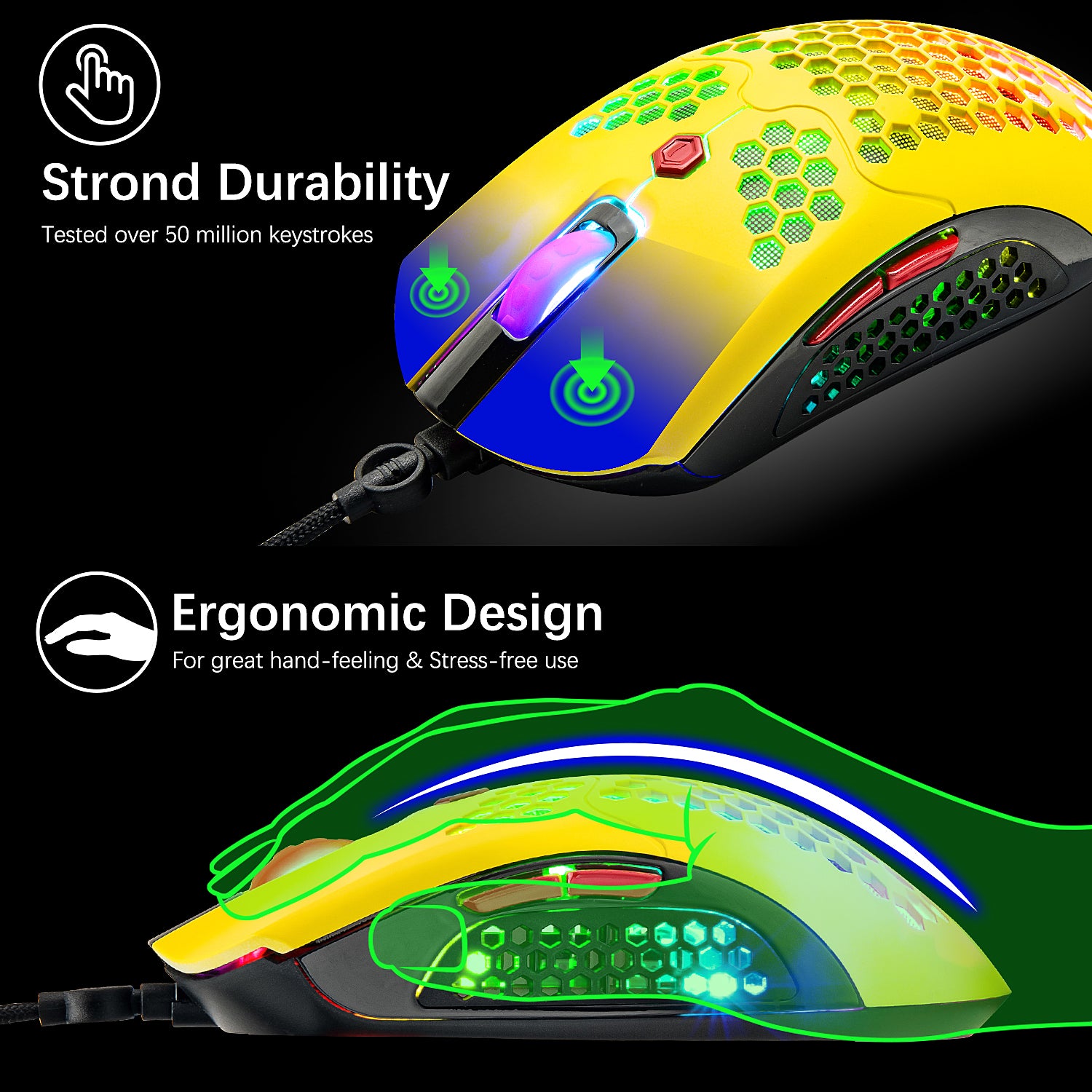 MAMBASNAKE M5 Wired Lightweight Gaming Mouse,26 RGB Backlit Mice with 7 Buttons Programmable Driver,PAW3325 12000DPI Mice, Honeycomb Shell