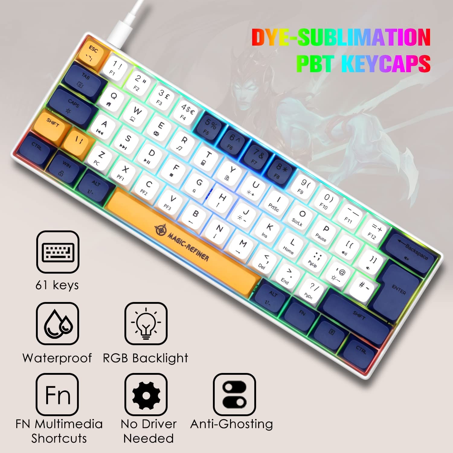 MAGIC-REFINER MK21 UK Layout 60% Mechanical Gaming Keyboard Mini Compact Wired Type C Dye-Sublimation PBT USB Water-resistant 14 Chroma RGB Illuminated