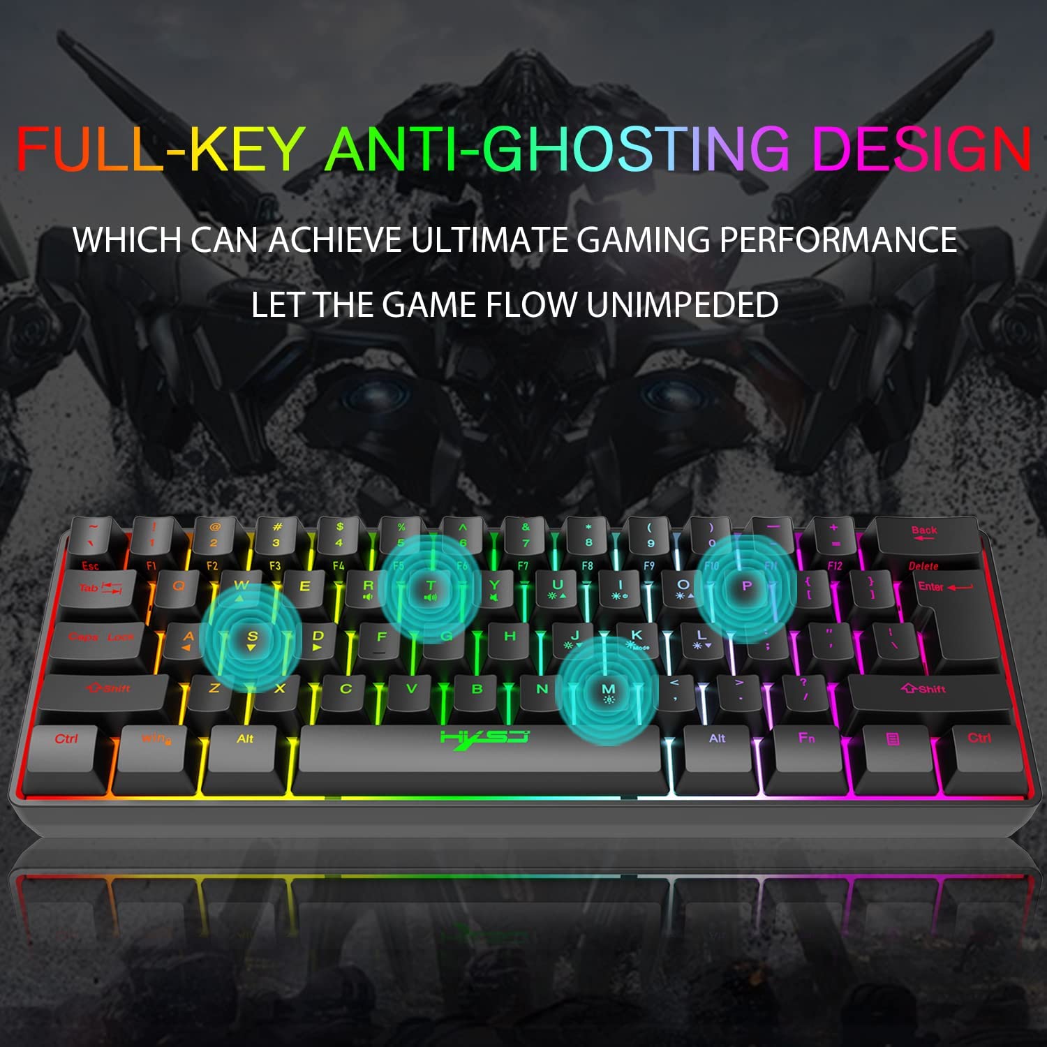 HXSJ V700 60% Gaming Keyboard, 61 Keys Portable Mini Compact Keyboard, 11 RGB Illuminated LED Backlit Waterproof Keyboard