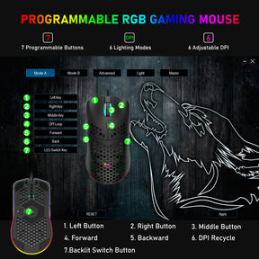 ZIYOU LANG M1 Wired Lightweight Gaming Mouse,6 RGB Backlit with 7 Buttons Programmable, Adjustable 6400DPI ,Ultralight Honeycomb Shell