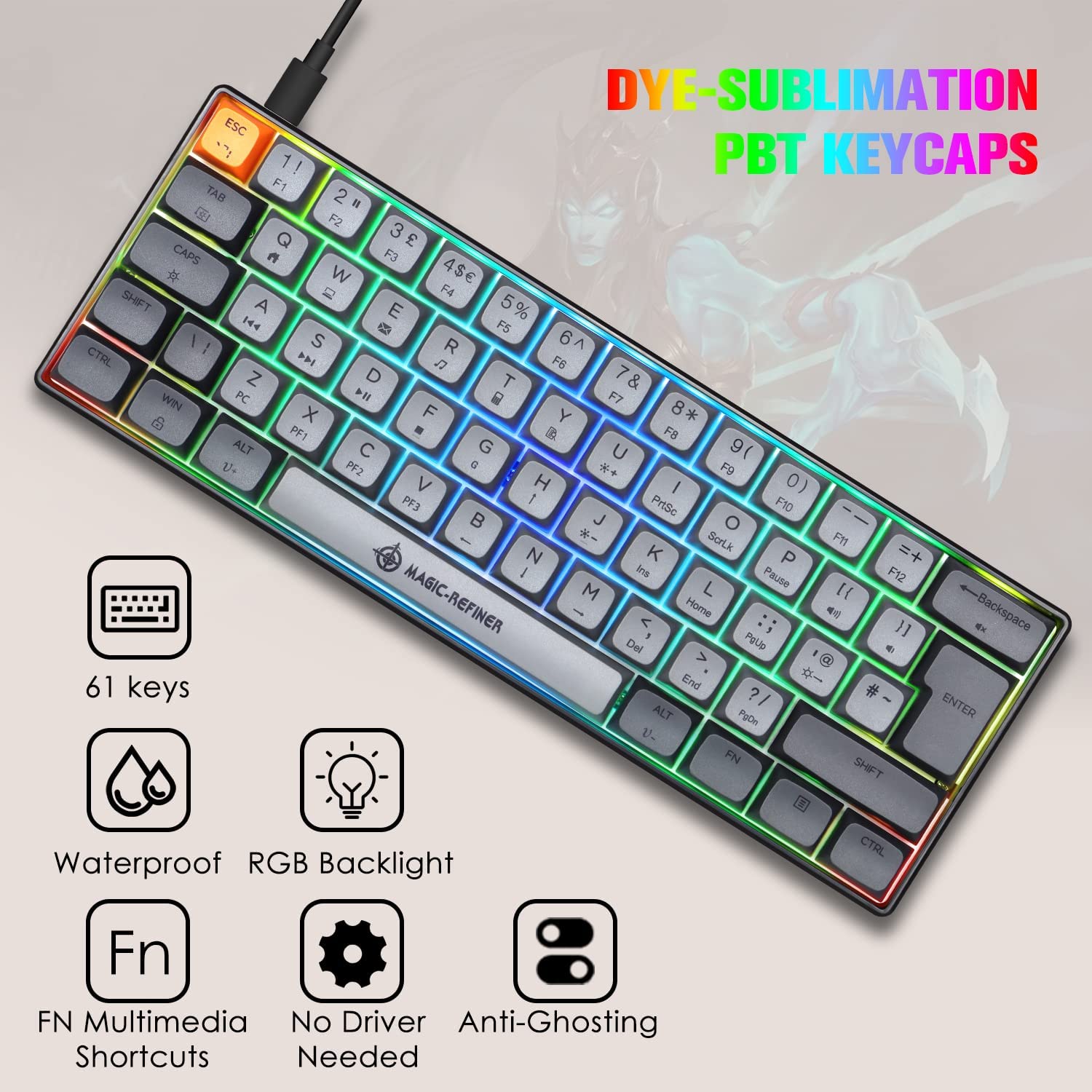 MAGIC-REFINER MK21 UK Layout 60% Mechanical Gaming Keyboard Mini Compact Wired Type C Dye-Sublimation PBT USB Water-resistant 14 Chroma RGB Illuminated