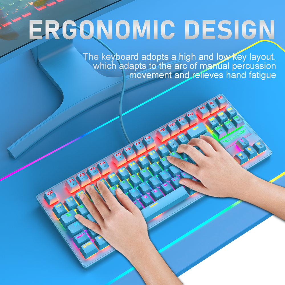 FELiCON K2 Wired 80% Percent Mechanical Gaming Keyboard UK Layout Rainbow Light Up Keyboard Compact 88 Keys Ergonomic for PC Mac