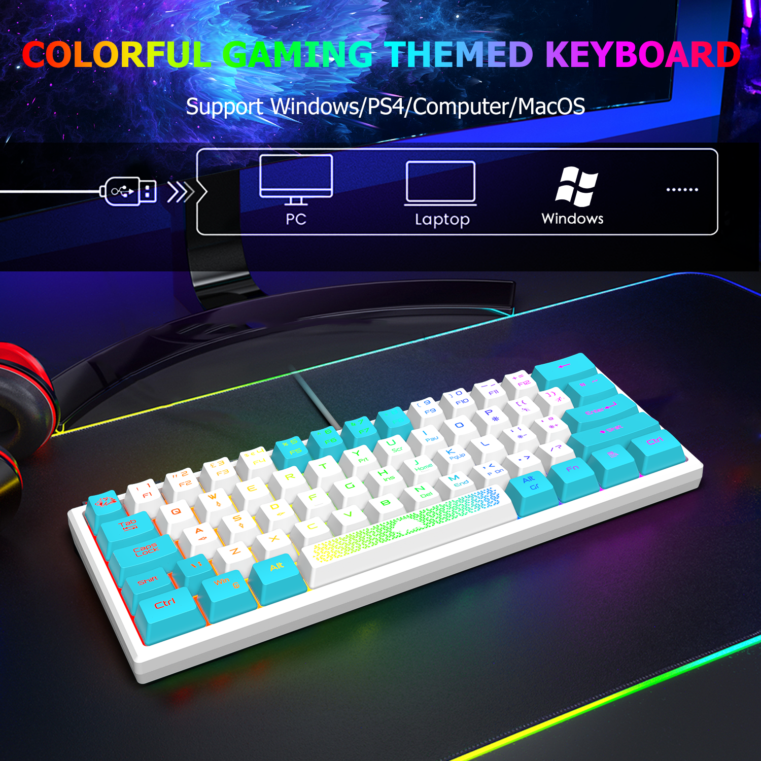 ZIYOU LANG K61 - 60 Percent Compact Gaming Keyboard UK Layout Ultralight LED Backlit Mechanical Feel PS4 Laptop PC Accessories