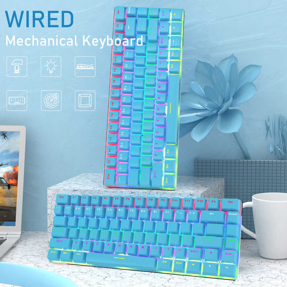 AJAZZ AK33 Gaming Mechanical Keyboard Type-C Computer Keyboard with Rainbow LED Backlit 82keys Anti-ghosting, Blue Switch