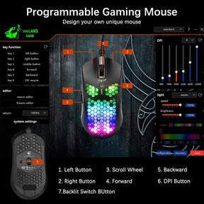 MAMBASNAKE M5 Wired Lightweight Gaming Mouse,26 RGB Backlit Mice with 7 Buttons Programmable Driver,PAW3325 12000DPI Mice, Honeycomb Shell