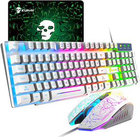 KUIYN T6 Wired Mechanical Feel Gaming Keyboard Rainbow LED 104 Keys USB illuminated light up+2400DPI 6 Buttons Optical Gaming Mouse Mice+Mouse Pad